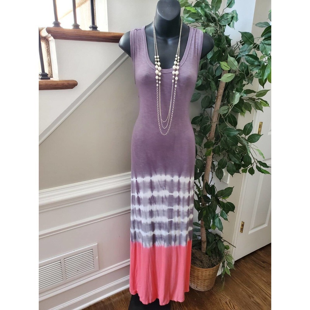 La Threads Women's Purple & Pink Rayon Scoop Neck Sleeveless Long Maxi Dress M